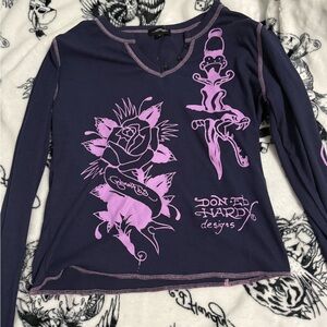 Ed Hardy Purple Ribbed Long Sleve Top with purple Graphic